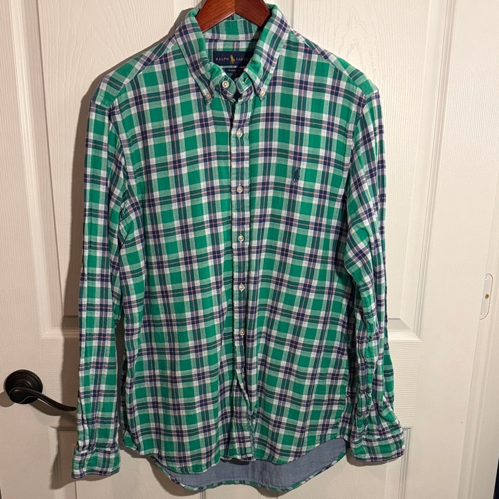 Polo Ralph Lauren Men's Green and Blue Plaid Shirt